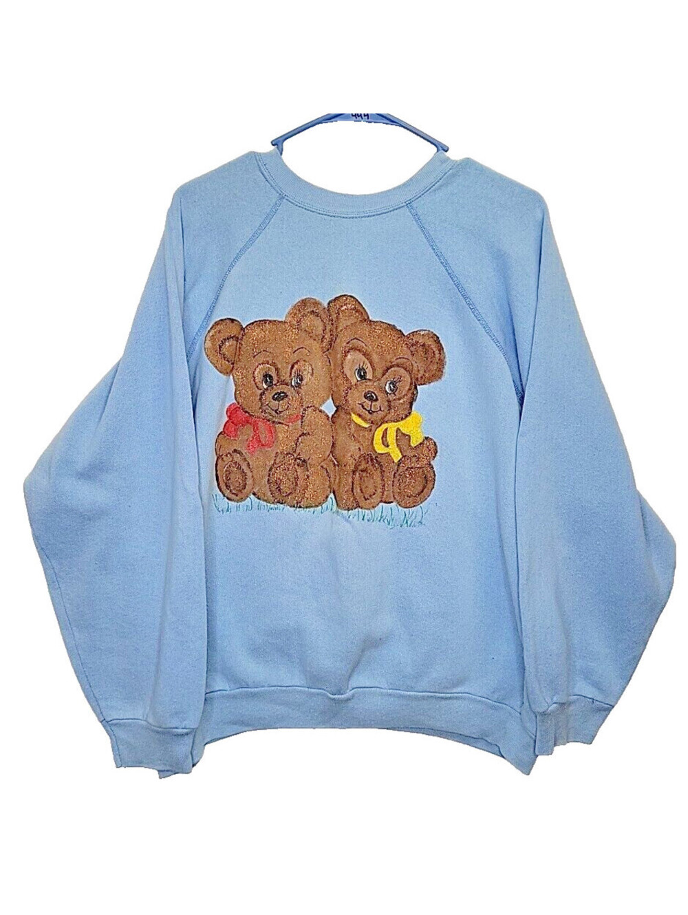 VTG 90s Baby Blue Airbrushed Teddy Bear Sweatshirt XL Cute Kawaii Grannycore